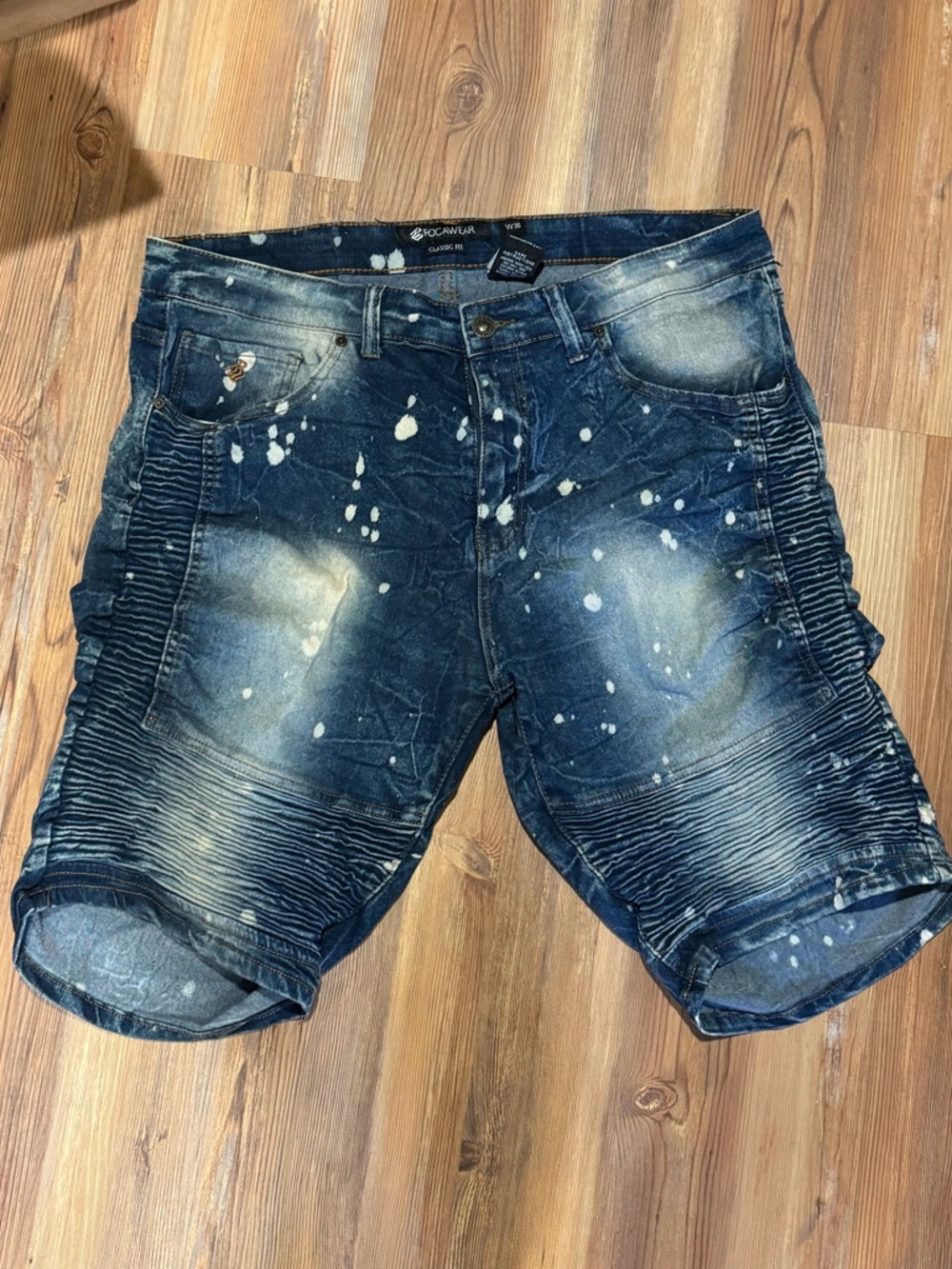 Rocawear Denim Paint-Splatter Moto Shorts - Navy Blue
